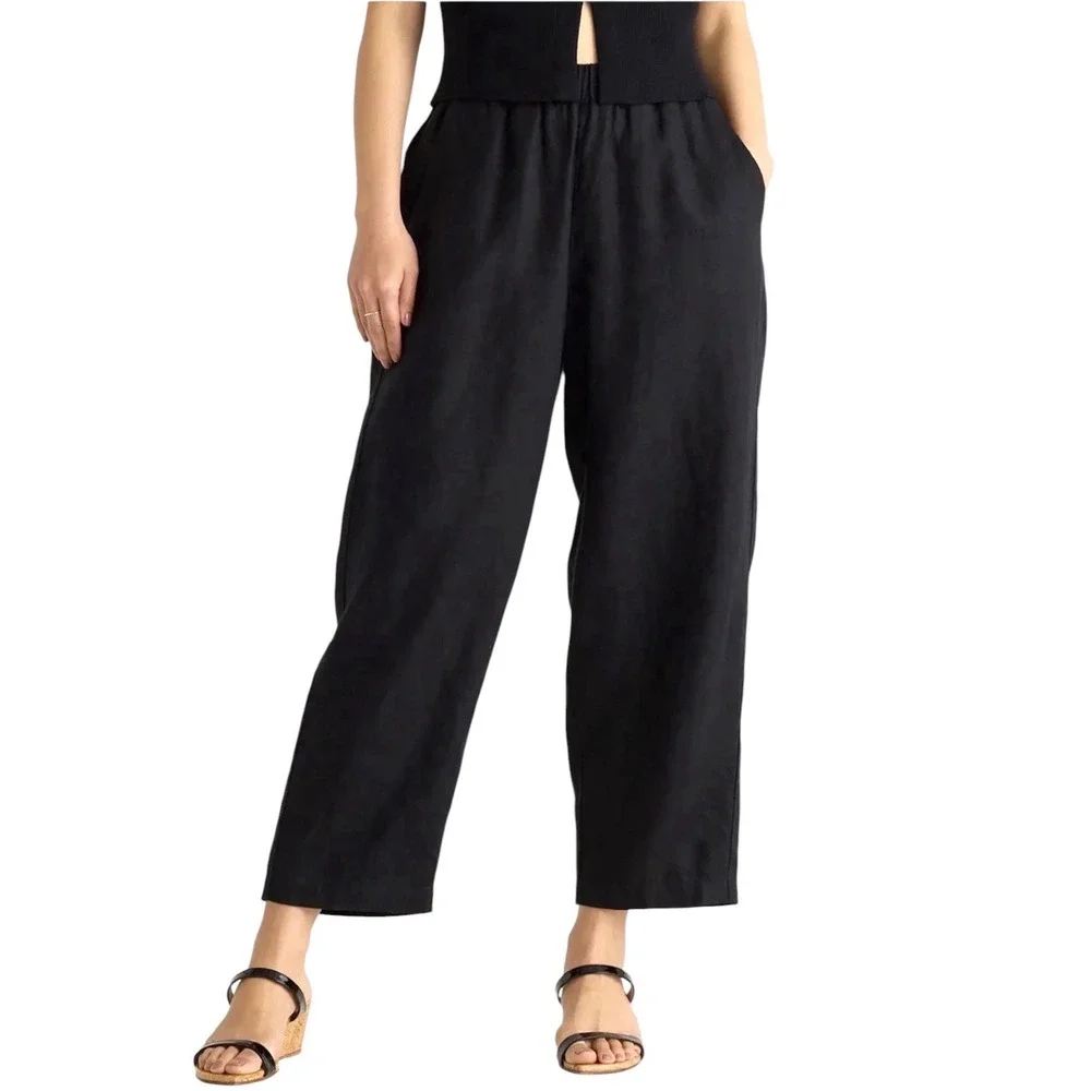 Quince Womens Pant 100% European Linen M Black Tapered Relaxed Elastic Waist